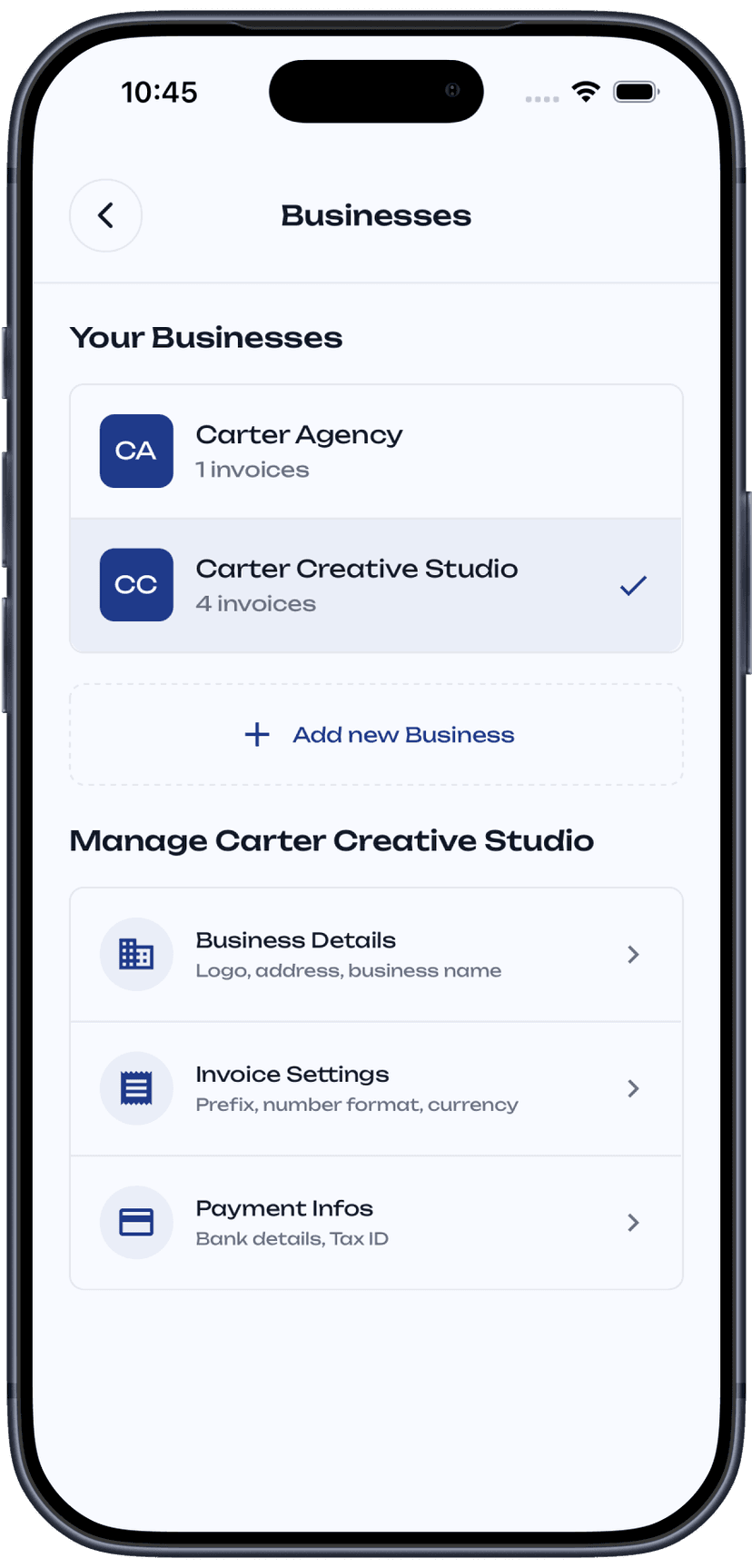 Faktur businesses screen